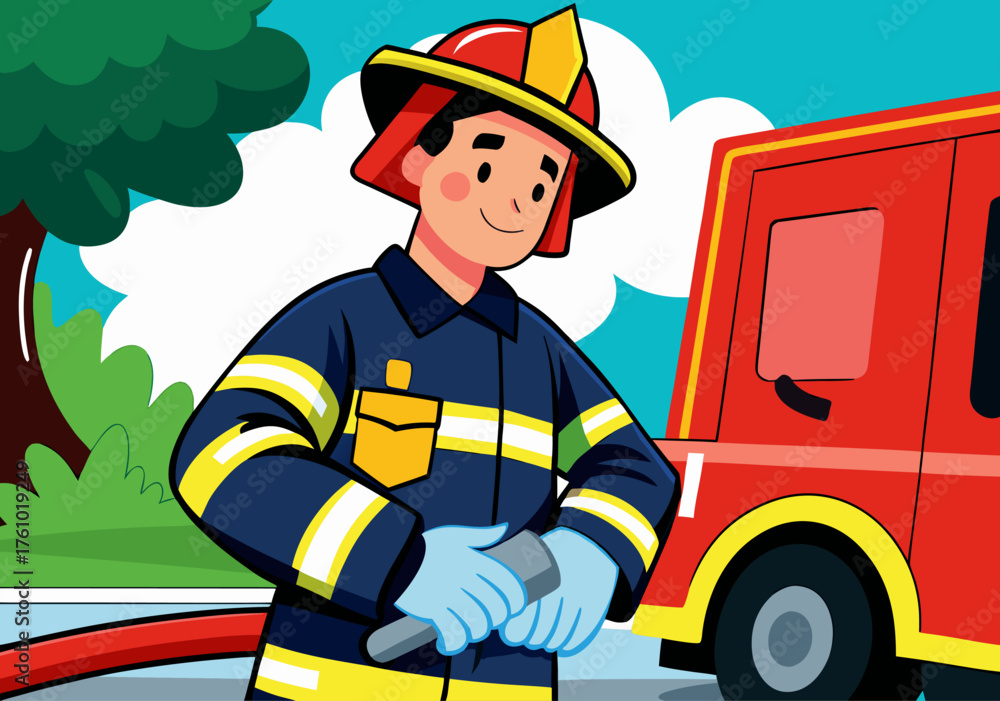 Fototapeta premium Illustrative Firefighter with Powerful Water Hose and Fire Truck