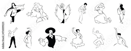 Vector art of collection of stylized black and white line art illustrations of dancers in various poses