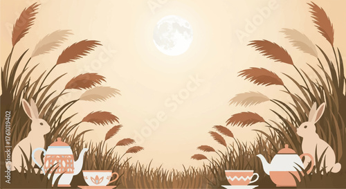 A whimsical illustration of two rabbits having a tea party in a pampas grass field under the full moon.
