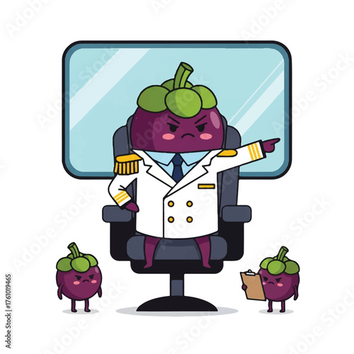 An angry cartoon mangosteen character dressed as a captain gives orders to his subordinates.