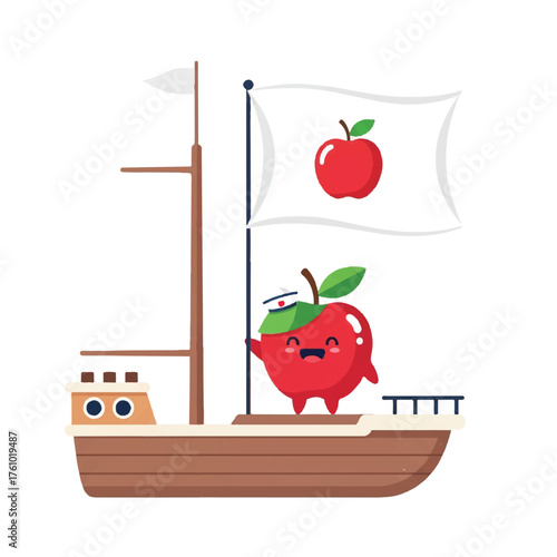 A cute cartoon apple character with a propeller hat sailing on a wooden boat with an apple flag.