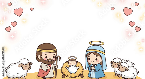 A cute cartoon illustration of the Holy Family in a Nativity scene with sheep and hearts.