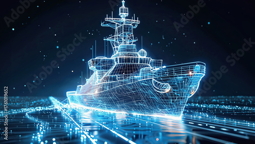 Glowing holographic warship rendered with neon blue wireframe lines over dark sea. Military technology, digital defense and innovation. Digital shining 3D model of military naval ship in ocean