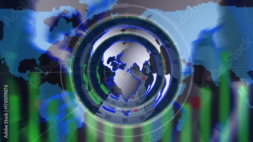 Futuristic 3D Earth globe featuring radar scanning and pixelated global map on digital background. Animated 3D Globe with Radar Interface and Pixelated World Map Background earth.
