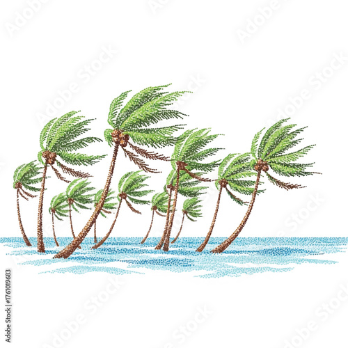 An illustration of tropical palm trees bending in the strong wind of a coastal storm or hurricane.