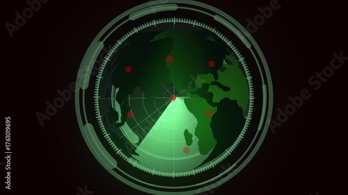 Green Radar Display Showing Earth with Red Target Indicators screen globe. High-tech radar interface featuring Earth globe and glowing red target markers on green display.