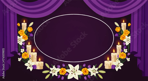 Elegant memorial frame with purple curtains, candles, and floral arrangements for a funeral or remembrance ceremony.