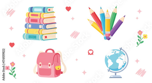 A charming illustrated set of school supplies featuring a stack of books, colored pencils, a pink backpack, and a globe.
