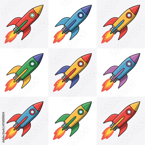 Collection of nine colorful cartoon rockets blasting off into space with fiery trails
