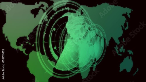 Fading Green Digital Globe and World Map with Circular Interface earth futuristic. Digital green globe with fading effect and circular interface highlighting world map on tech screen.
