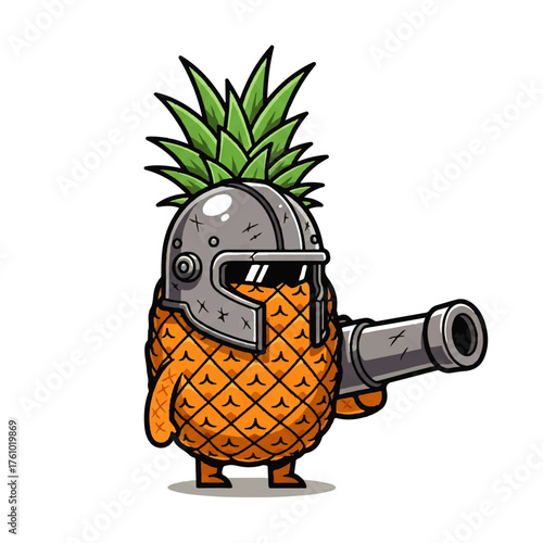 A cartoon pineapple warrior character wearing a metal helmet and holding a large cannon, isolated on a white background.