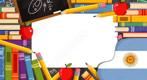 A colorful school-themed frame with books, pencils, apples, and the flag of Argentina.