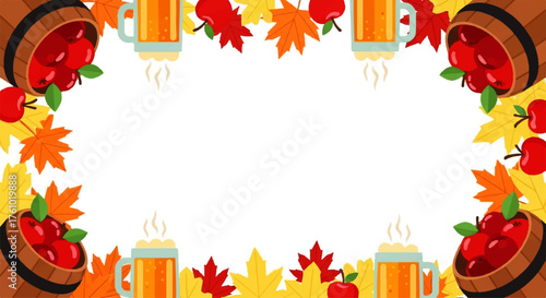 Festive autumn frame with wooden barrels of red apples, steaming mugs of cider, and colorful fall maple leaves on a white background.