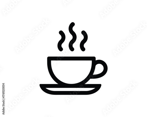 Simple black and white line art icon of a steaming cup of coffee on a saucer