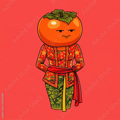 An anthropomorphic persimmon character with a smug expression wearing a traditional Indonesian kebaya and sarong outfit.