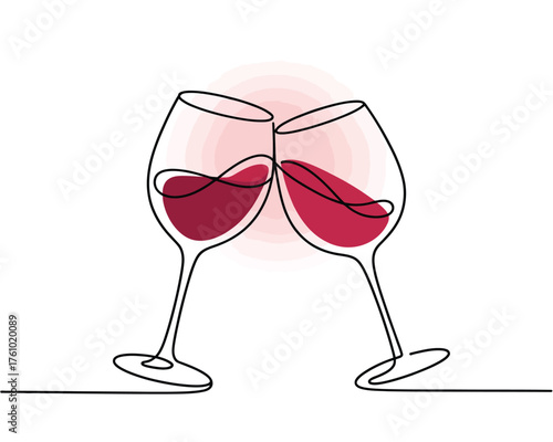 Two elegant wine glasses filled with red wine clinking together in a toast