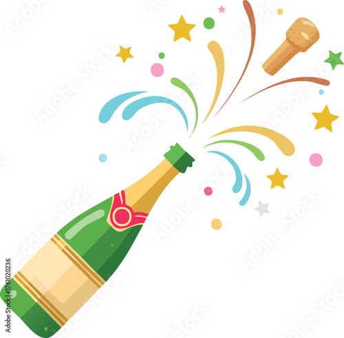 A green champagne bottle erupting with colorful splashes and confetti, celebrating a joyous occasion.