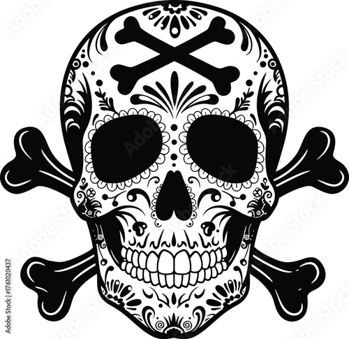 A black and white illustration of a sugar skull with crossed bones, adorned with intricate floral patterns and decorative elements.