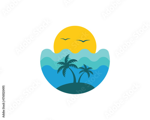 Tropical island paradise emerging from a cracked eggshell under a sunny sky