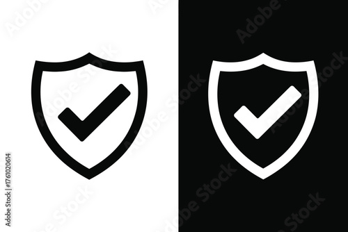 Two shield icons with checkmarks one black and white on contrasting backgrounds