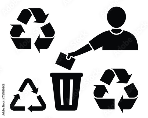 Person throwing trash into a bin with recycling symbols