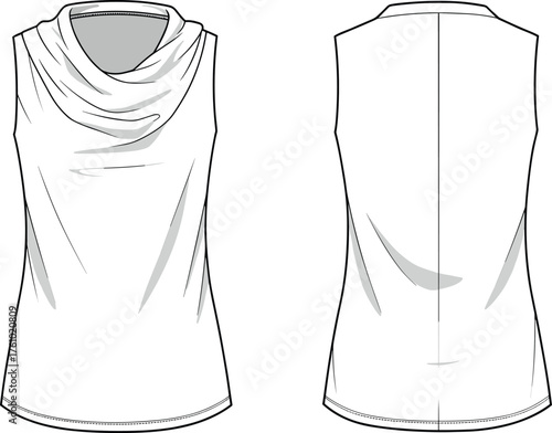 Women's sleeveless cowl neck top, fashion flat sketch, front and back view, technical illustration, apparel design, garment template, vector drawing