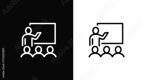 Simple line art icon of a teacher presenting to a group of students