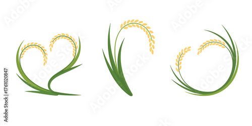 Three stylized rice stalks forming abstract shapes on a white background