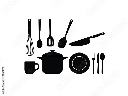 Collection of black kitchen utensils and cookware silhouettes on white background