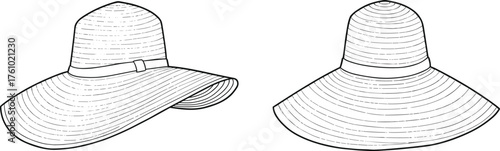 Wide brim hat illustration, fashion accessory sketch, front and side view, contour line drawing, sun protection, stylish headwear, design template