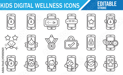 Kids Screen Time & Safety Icons – Minimal Editable Stroke Set