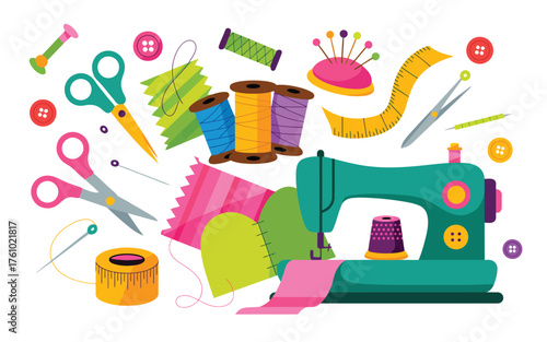 Collection of colorful sewing supplies and tools arranged creatively on a white background