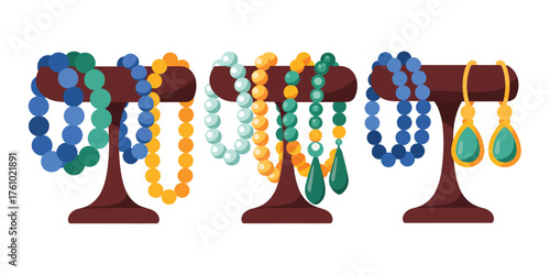 Colorful beaded necklaces and earrings displayed on wooden jewelry stands
