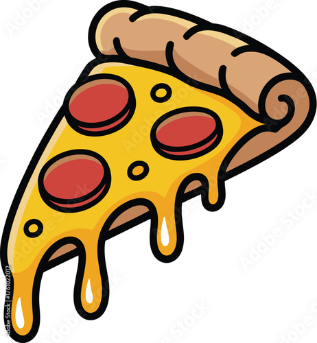 A delicious slice of pepperoni pizza with savory salami and gooey, dripping mozzarella cheese, illustrated in a clean cartoon vector style