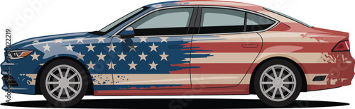 Side-view of a sleek sedan wrapped in a distressed patriotic design, featuring classic red, white, and blue stars and stripes, symbolizing liberty and heritage