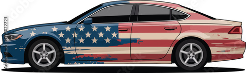 American Flag Sedan Car Wrap Illustration with Textured Stripes and Stars - Patriotic Vehicle Design