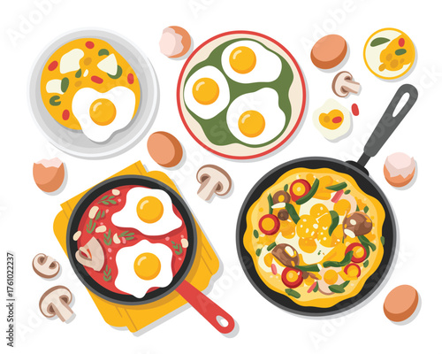 Delicious breakfast spread with fried eggs and omelets in pans and plates