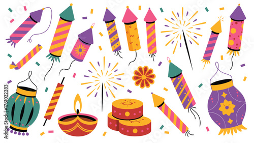 Colorful diwali fireworks lanterns and diyas celebrating the festival of lights