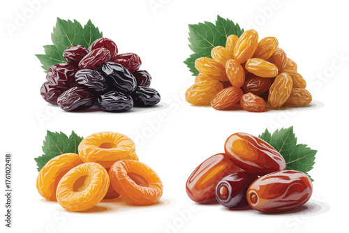 Four piles of dried fruits including cranberries raisins apricots and dates with green leaves