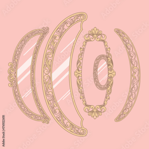 A collection of ornate vintage mirrors with golden rococo frames arranged in a surreal composition on a pink background