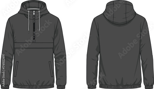 Technical flat sketch, hooded pullover jacket, front and back view, zipper pocket, ribbed cuffs, fashion design, apparel template, vector illustration