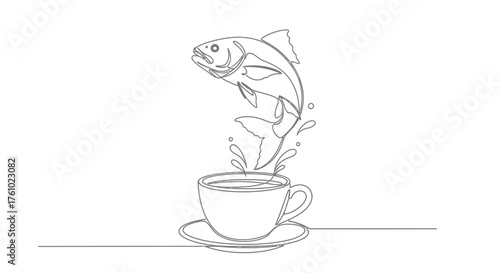 Creative single line illustration of a salmon leaping from a steaming coffee cup vector