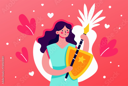Empowered Woman with Sword and Shield - Vibrant Pink Graphic Art