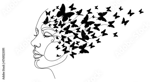 Elegant vector illustration of a woman's face transforming into butterflies