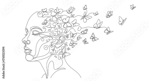 Abstract minimalist line art woman face with butterflies flowing hair vector illustration