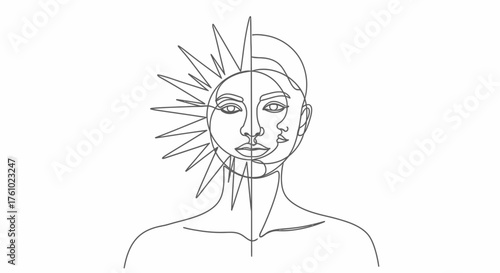 Artistic vector illustration of a face merging with a sun symbol symbolizing duality and energy