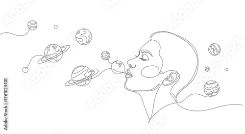 Abstract vector illustration of a person blowing planets like bubbles dreamlike cosmic concept art