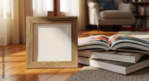 Warmly Lit Living Room Featuring An Empty Picture Frame And Stacked Books On A Rug Near A Window With Sunlight Streaming Through