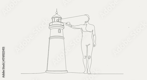 Minimalist single line drawing of a person interacting with a lighthouse vector illustration