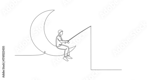 Artistic single line drawing of person fishing from moon silhouette vector illustration